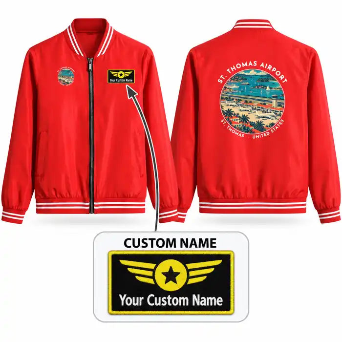 Cyril E. King Airport (STT) Stylish Jackets - Baseball Collar - Badge + Name - Red
