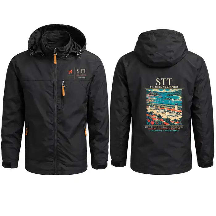 Cyril E. King Airport (STT) Stylish Jackets - Hooded Windbreaker - Poster - Black