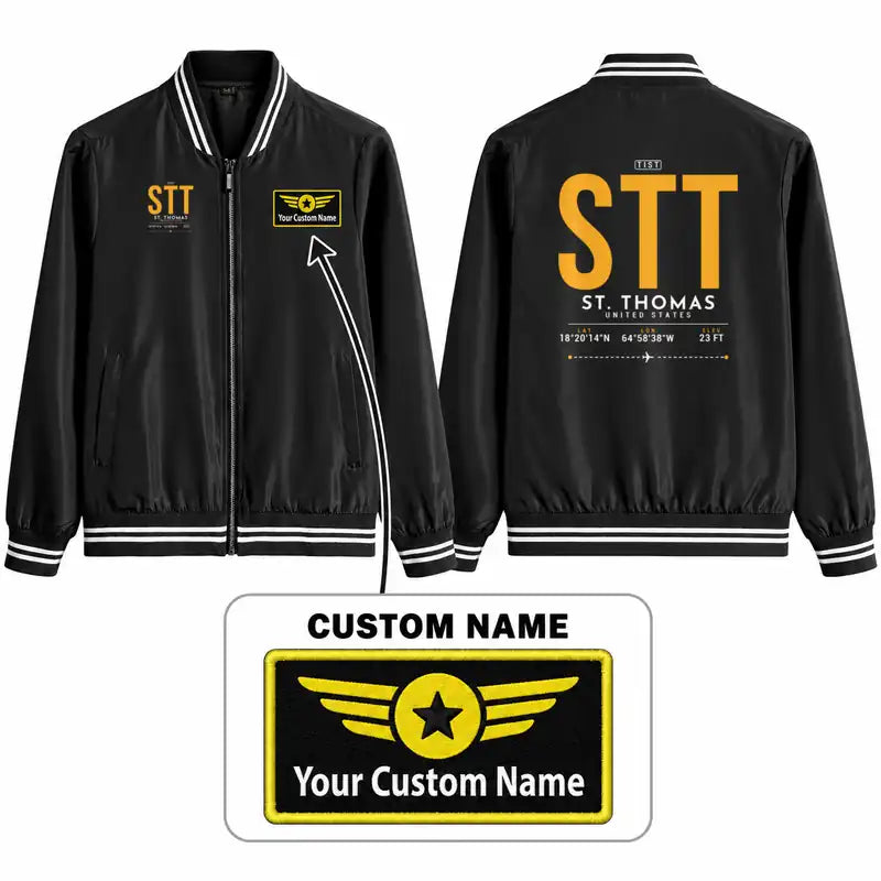 Cyril E. King Airport (STT) Stylish Jackets - Baseball Collar - Tag + Name - Black