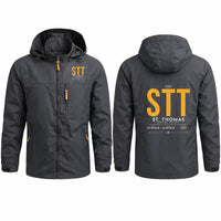 Thumbnail for Cyril E. King Airport (STT) Stylish Jackets - Hooded Windbreaker - Tag - Charcoal