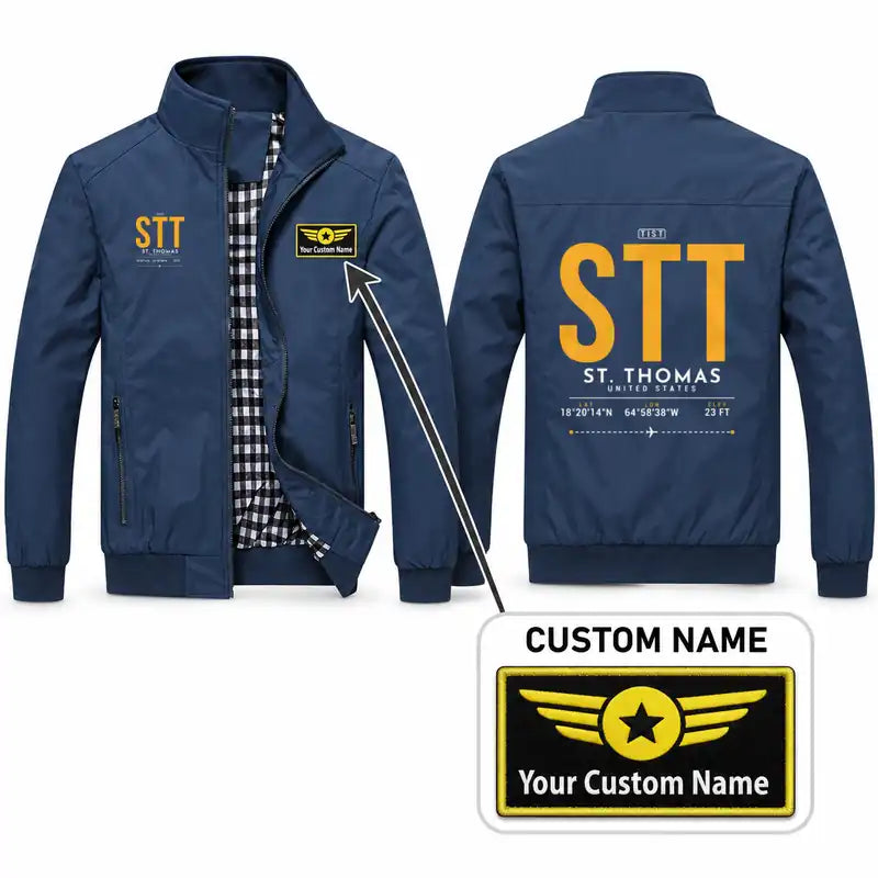 Cyril E. King Airport (STT) Stylish Jackets - Stand Collar - Tag + Name - Navy Blue