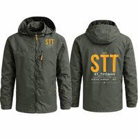 Thumbnail for Cyril E. King Airport (STT) Stylish Jackets - Hooded Windbreaker - Tag - Olive Green