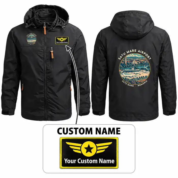 Satu Mare International Airport (SUJ) Stylish Jackets - Hooded Windbreaker - Badge + Name - Black