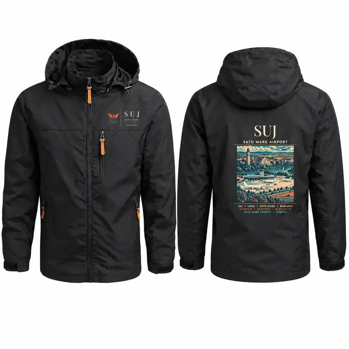 Satu Mare International Airport (SUJ) Stylish Jackets - Hooded Windbreaker - Poster - Black