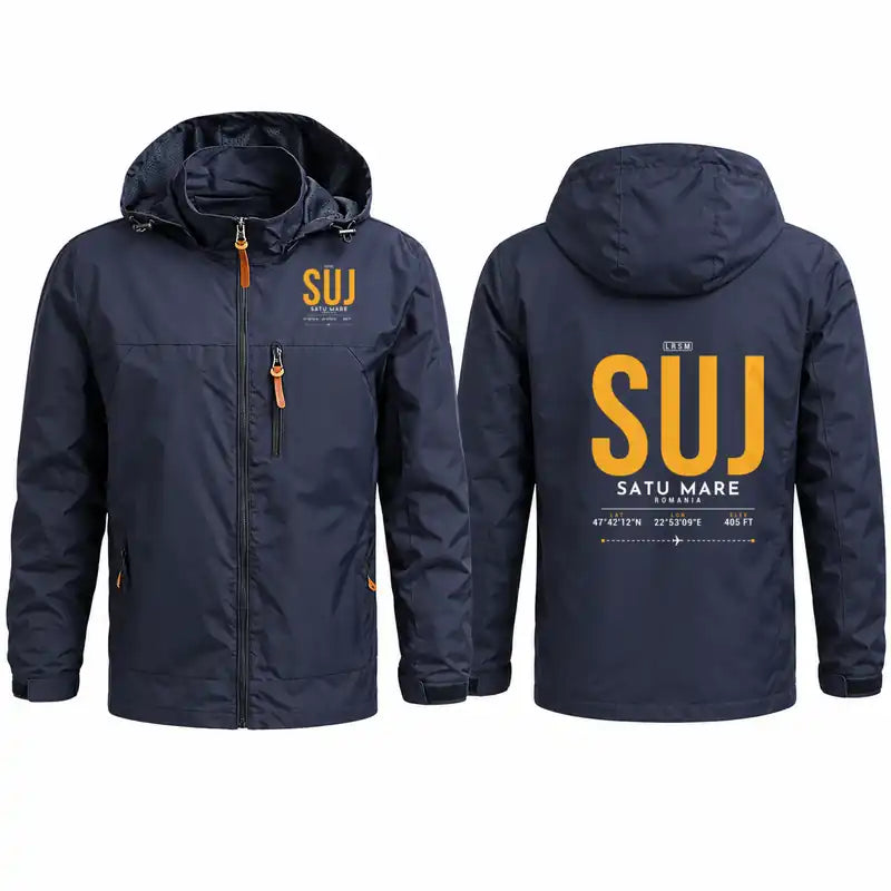 Satu Mare International Airport (SUJ) Stylish Jackets - Hooded Windbreaker - Tag - Navy Blue