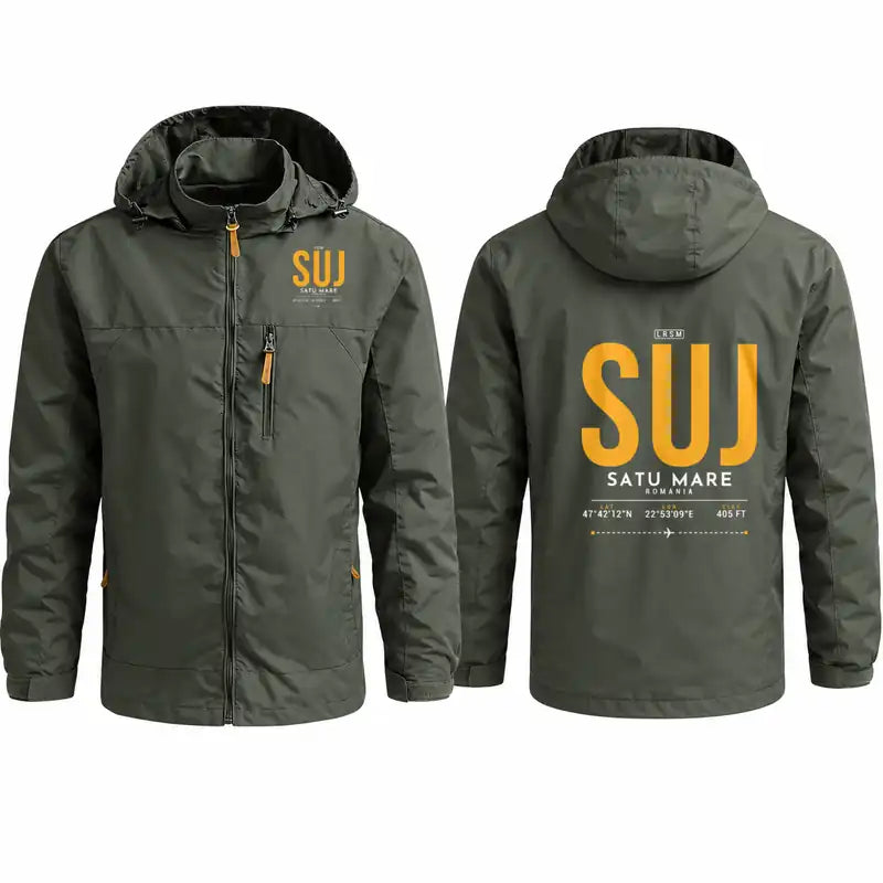 Satu Mare International Airport (SUJ) Stylish Jackets - Hooded Windbreaker - Tag - Olive Green