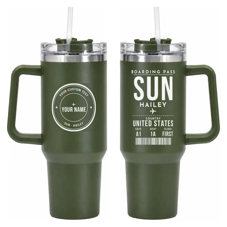 Friedman Memorial Airport (SUN) Stainless Steel Mugs - Boarding Pass + Custom Back - 40oz Car Mug - Army Green