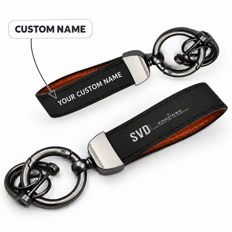 St Vincent Argyle International Airport (SVD) Leather Key Chains - Leather Key Chain - Horseshoe Buckle - Original Design - Black + Name