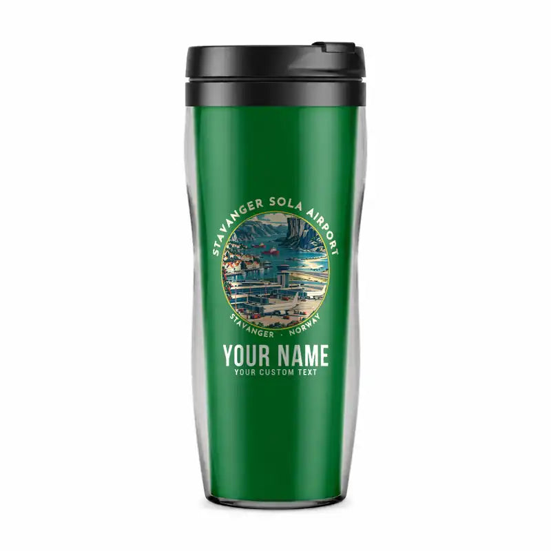 Stavanger Airport, Sola (SVG) Travel Mugs - Badge + Name - Plastic (No Holder) - Green