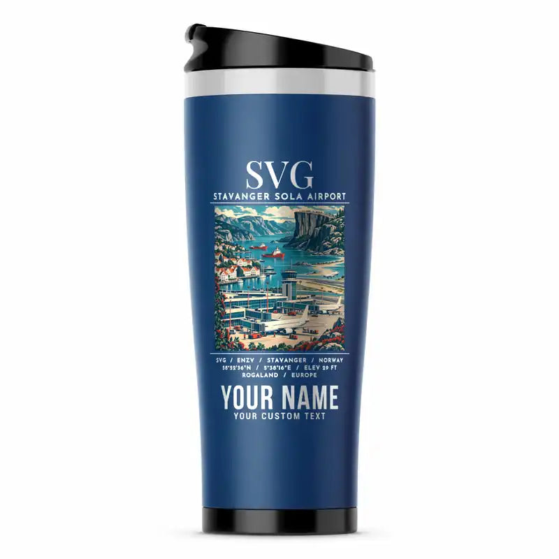 Stavanger Airport, Sola (SVG) Travel Mugs - Poster + Name - Stainless Steel (No Holder) - Blue