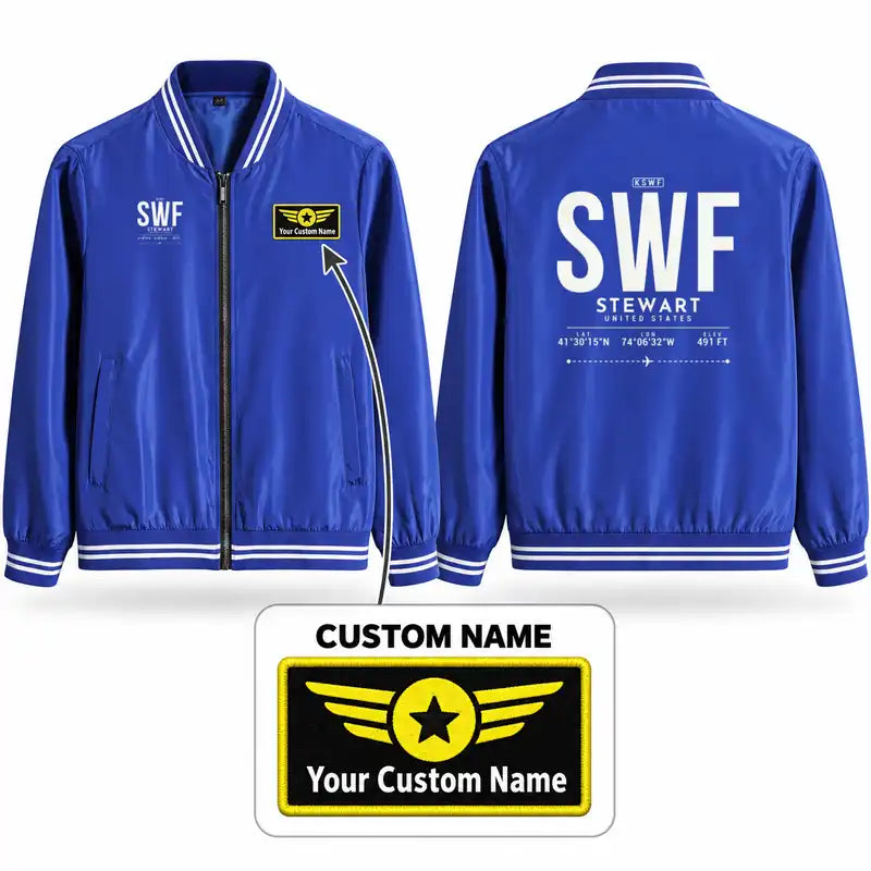 New York Stewart International Airport (SWF) Stylish Jackets - Baseball Collar - Tag + Name - Royal Blue