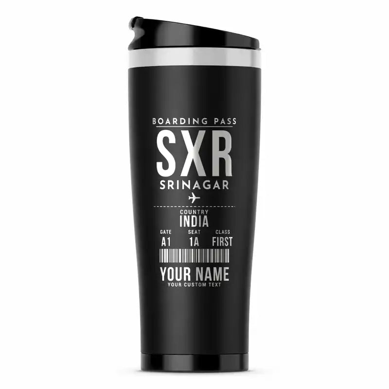 Sheikh ul-Alam International Airport (SXR) Travel Mugs - Boarding Pass + Name - Stainless Steel (No Holder) - Black