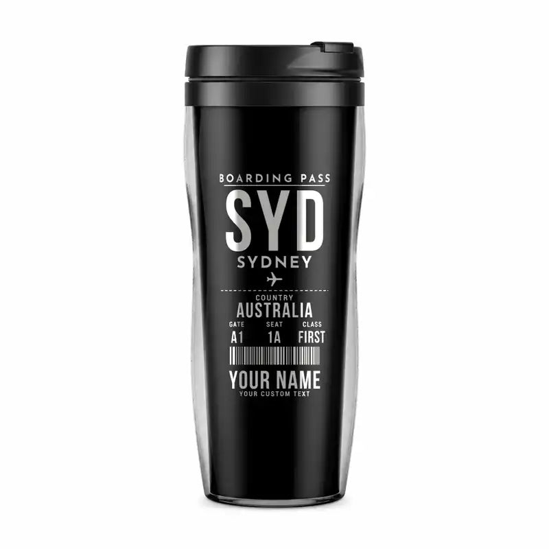 Sydney Kingsford Smith Airport (SYD) Travel Mugs - Boarding Pass + Name - Plastic (No Holder) - Black