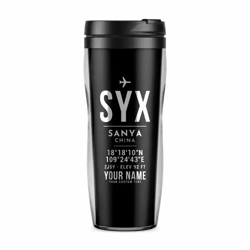 Sanya Phoenix International Airport (SYX) Travel Mugs - ID Tag + Name - Plastic (No Holder) - Black