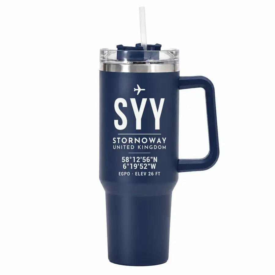 Stornoway Airport (SYY) Stainless Steel Mugs - ID Tag - 40oz Car Mug - Navy Blue