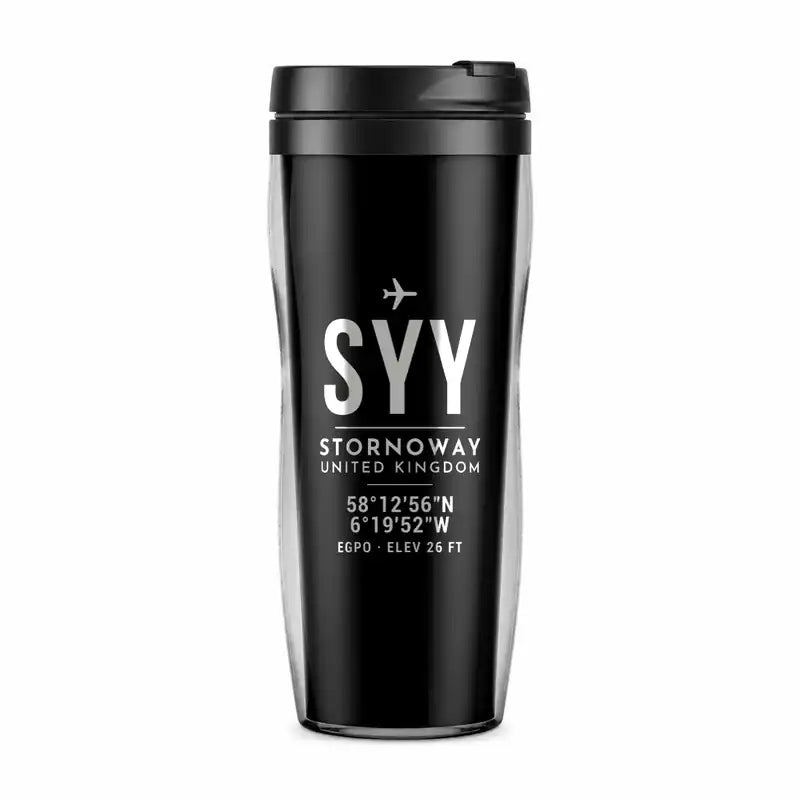 Stornoway Airport (SYY) Travel Mugs - ID Tag - Plastic (No Holder) - Black