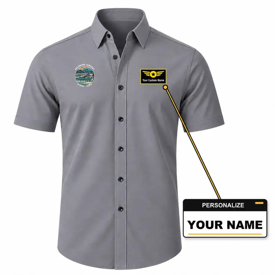 Salzburg Airport W. A. Mozart (SZG) Shirts - Short Sleeve Shirt - Badge - Gray + NAME