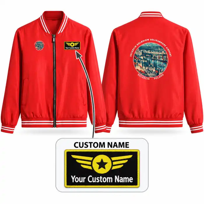 Szczecin-Goleniów Solidarność Airport (SZZ) Stylish Jackets - Baseball Collar - Badge + Name - Red