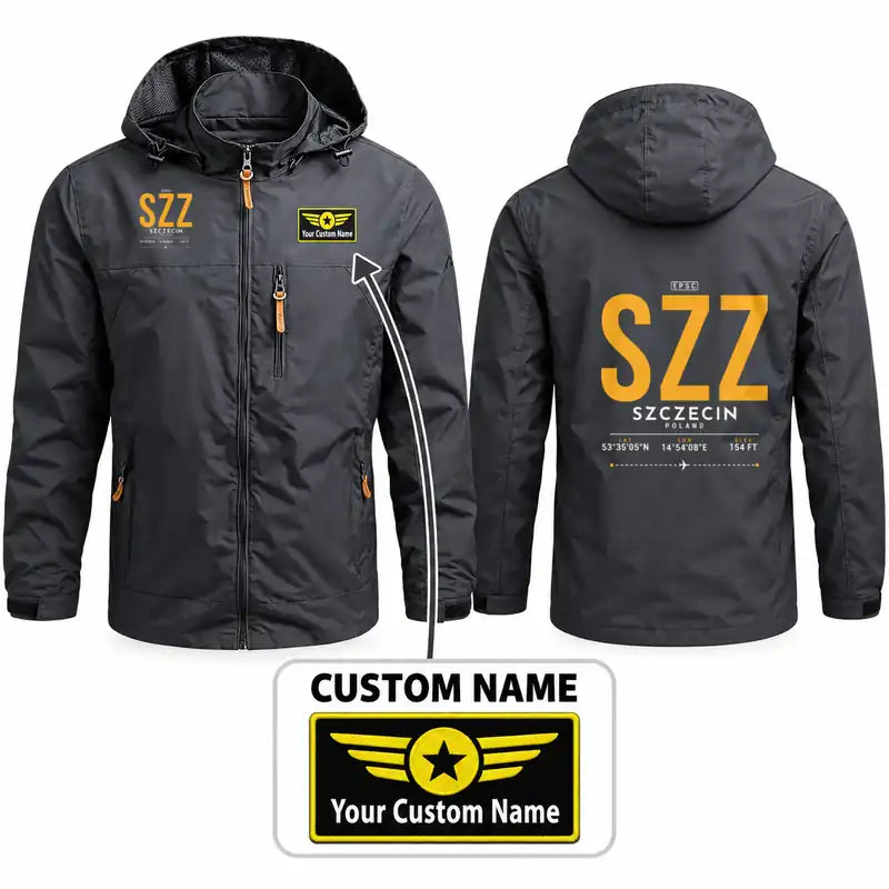 Szczecin-Goleniów Solidarność Airport (SZZ) Stylish Jackets - Hooded Windbreaker - Tag + Name - Charcoal
