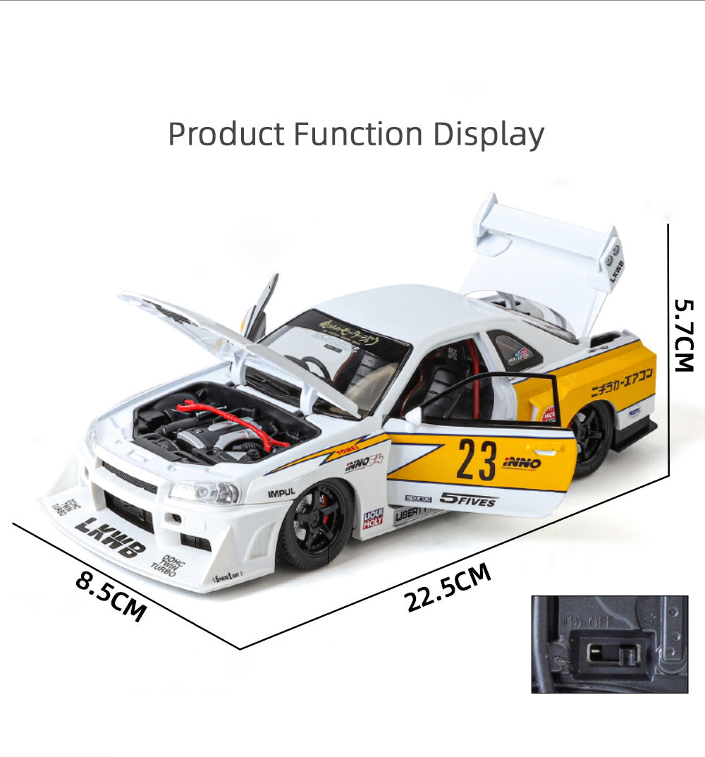 1:24 Scale GTR R34 Wide Body Alloy Model Decorate Sports Car With LED Lights Engine Sound Effects Diecast