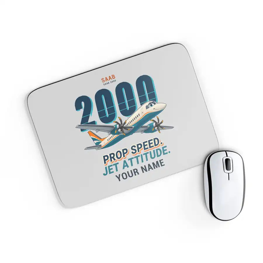 Saab 2000 - Cartoon + Name - Mouse Pad - Light Gray