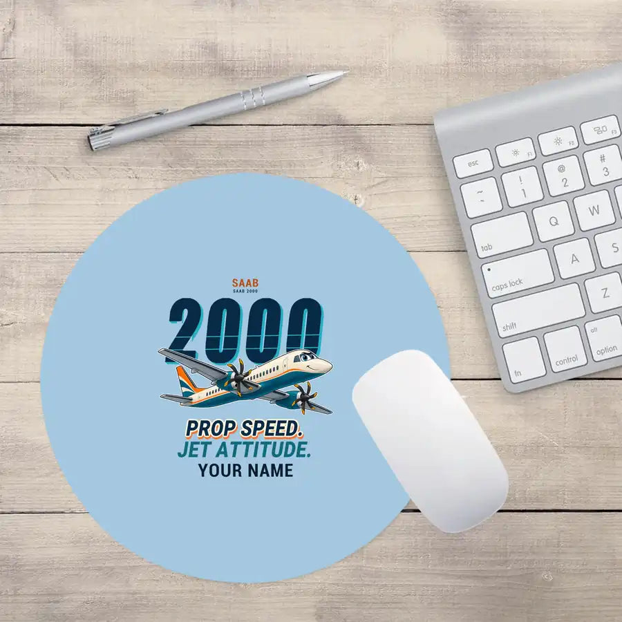Saab 2000 - Cartoon + Name - Round Mouse Pad - Light Blue