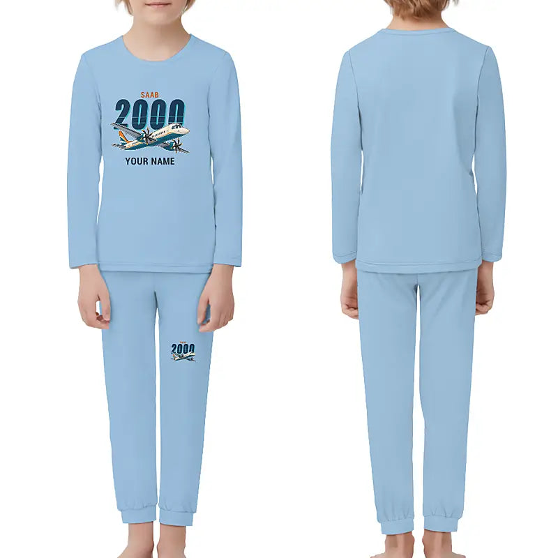 Saab 2000 - Children Pajamas - Cartoon Chest + Name - Light Blue