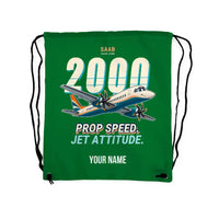 Thumbnail for Saab 2000 - Drawstring Bag - Cartoon + Name - Green