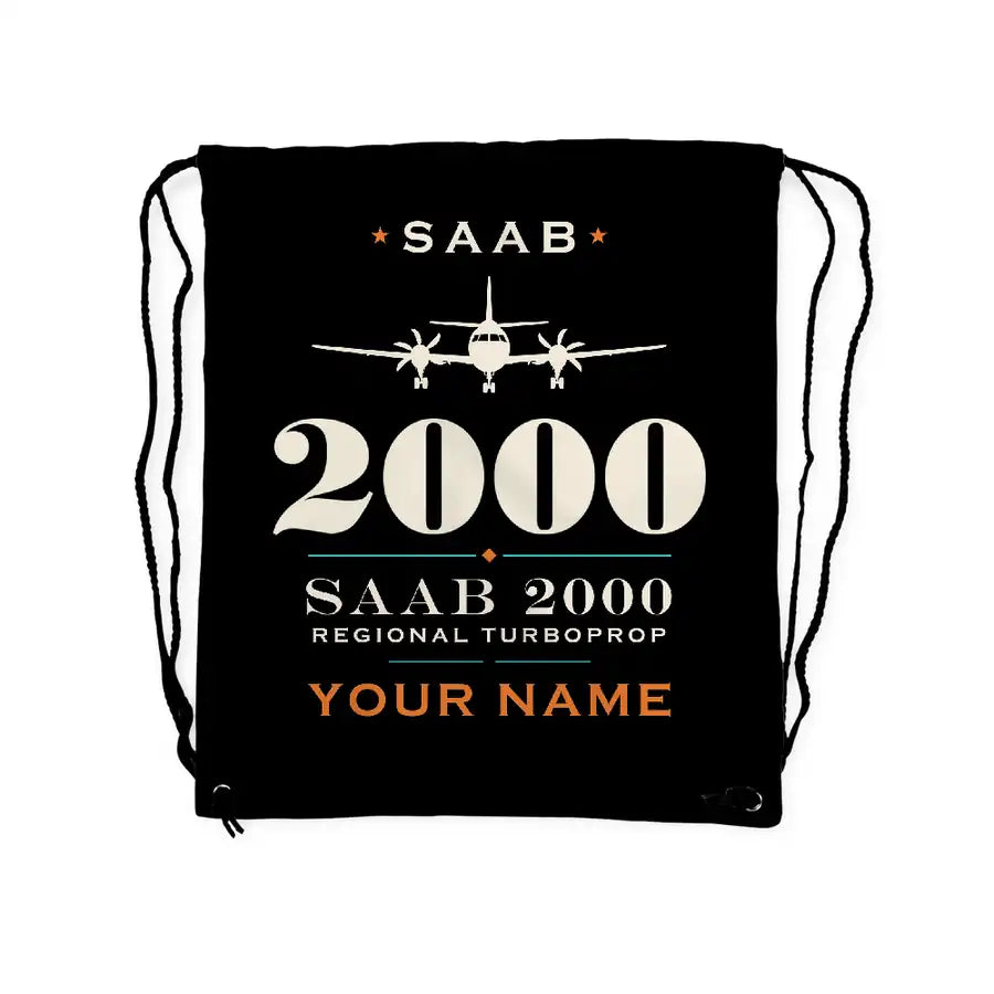 Saab 2000 - Drawstring Bag - Heritage + Name - Black