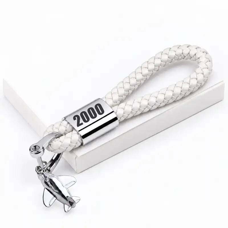 Saab 2000 - Leather Key Chain - Braided Leather - Tag - White