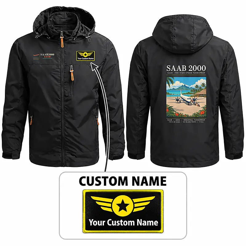 Saab 2000 Stylish Jackets - Hooded Windbreaker - Poster + Name - Black
