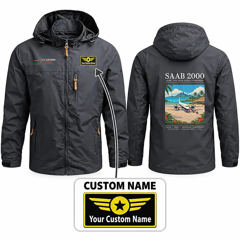 Saab 2000 Stylish Jackets - Hooded Windbreaker - Poster + Name - Charcoal