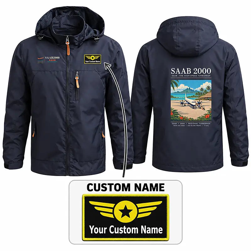 Saab 2000 Stylish Jackets - Hooded Windbreaker - Poster + Name - Navy Blue