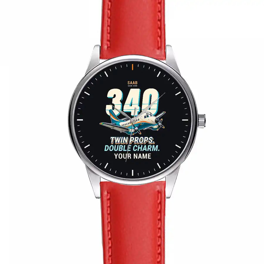 Saab 340B - Cartoon + Name - Leather Strap - Red Leather Strap