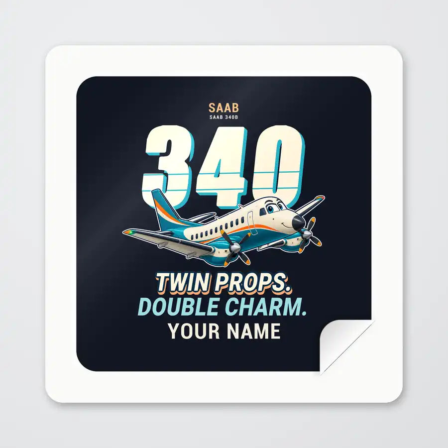 Saab 340B - Cartoon + Name - Square Sticker - Peel