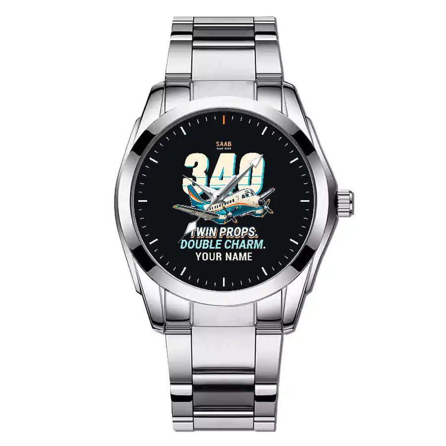 Saab 340B - Cartoon + Name - Stainless Steel Band - For Men