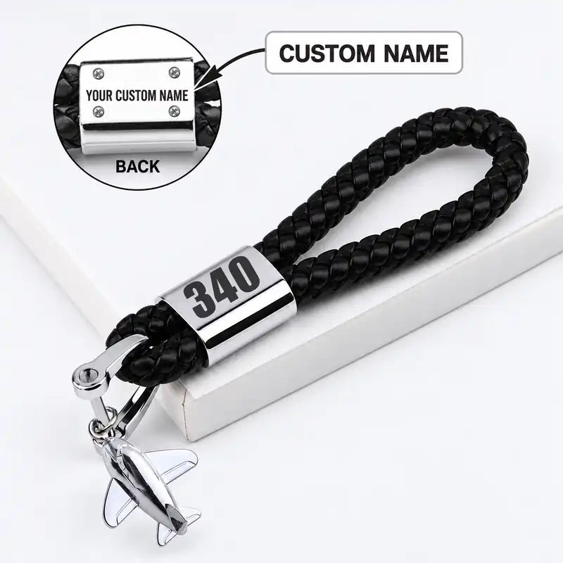 Saab 340B - Leather Key Chain - Braided Leather - Tag - Black + Name