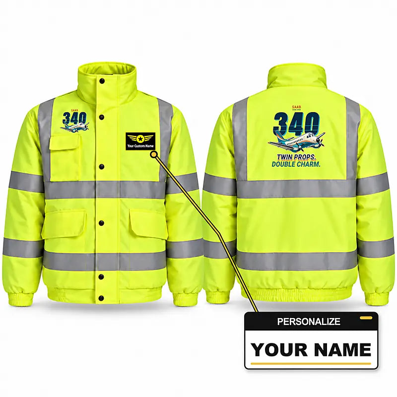 Saab 340B Reflective Winter Jackets - Cartoon + Name - Fluorescent Yellow