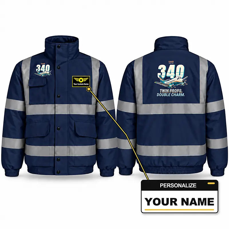 Saab 340B Reflective Winter Jackets - Cartoon + Name - Navy Blue