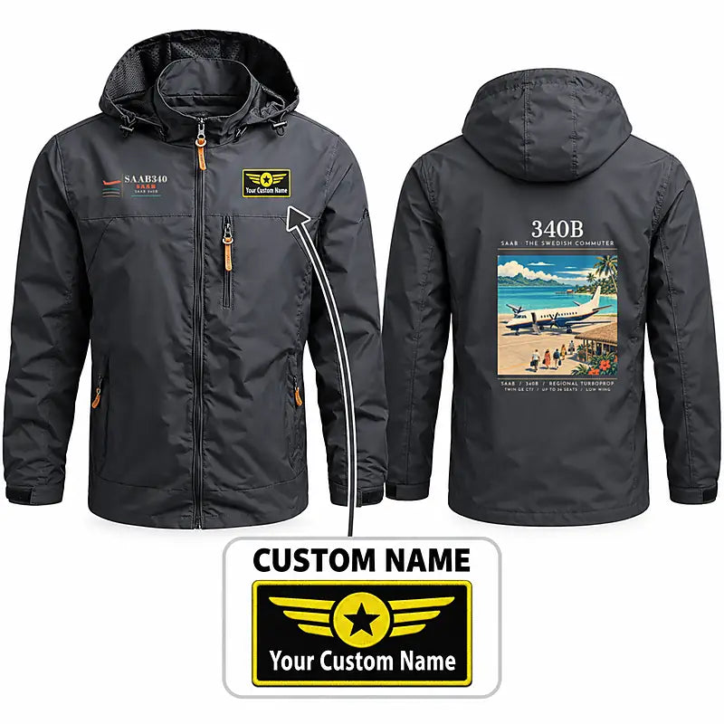 Saab 340B Stylish Jackets - Hooded Windbreaker - Poster + Name - Charcoal