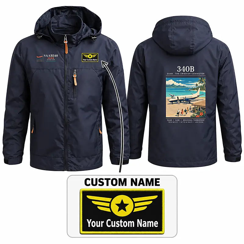 Saab 340B Stylish Jackets - Hooded Windbreaker - Poster + Name - Navy Blue