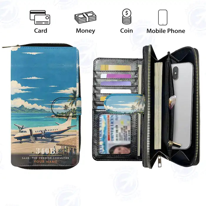 Saab 340B Leather Wallets - Zip Long Wallet - 3D + Name