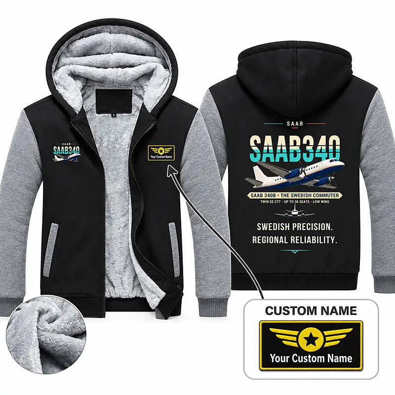 Saab 340B Zipped Sweatshirts - Original + Name - Black & Gray