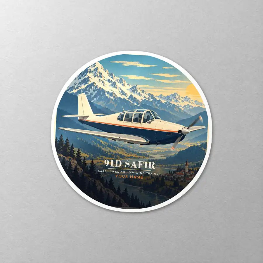 Saab 91D Safir - 3D + Name - Circle Sticker - Close-up