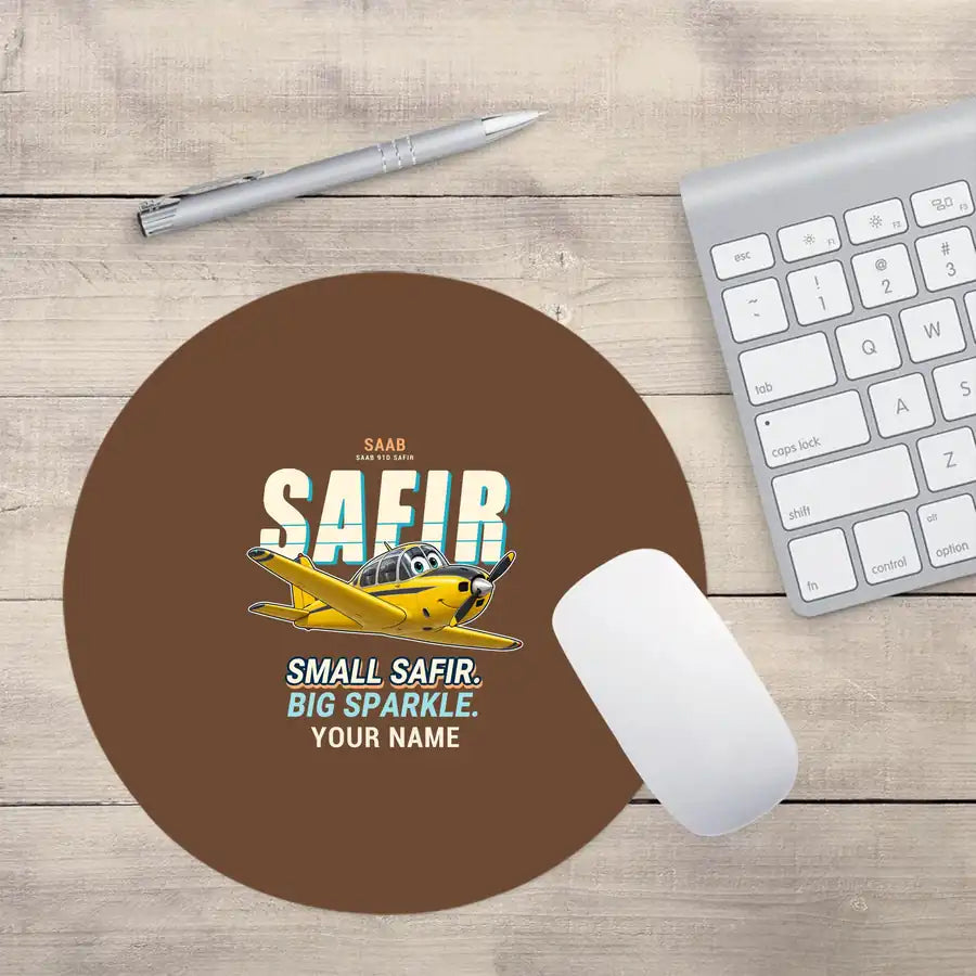 Saab 91D Safir - Cartoon + Name - Round Mouse Pad - Brown