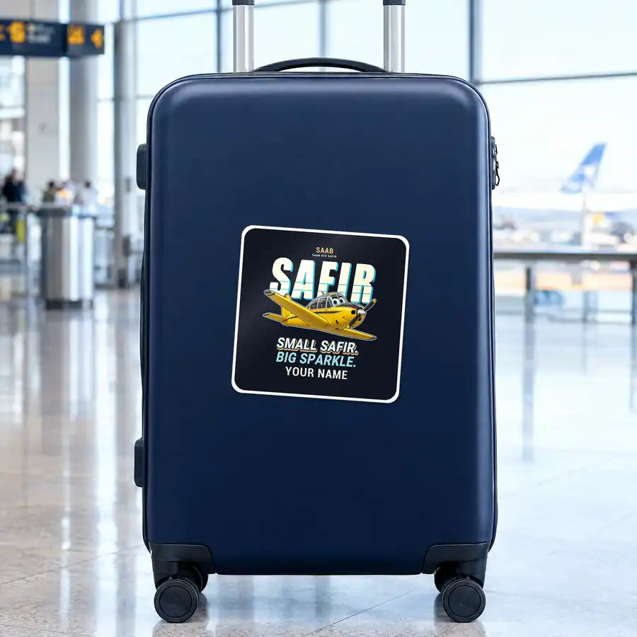 Saab 91D Safir - Cartoon + Name - Square Sticker - Suitcase