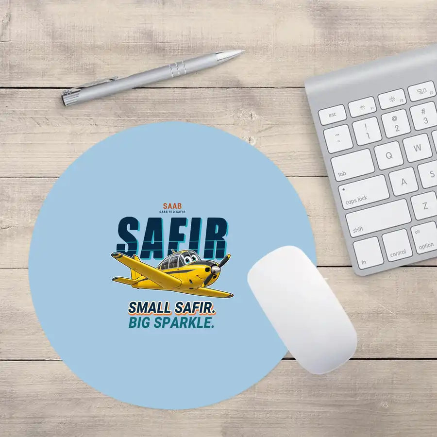 Saab 91D Safir - Cartoon - Round Mouse Pad - Light Blue