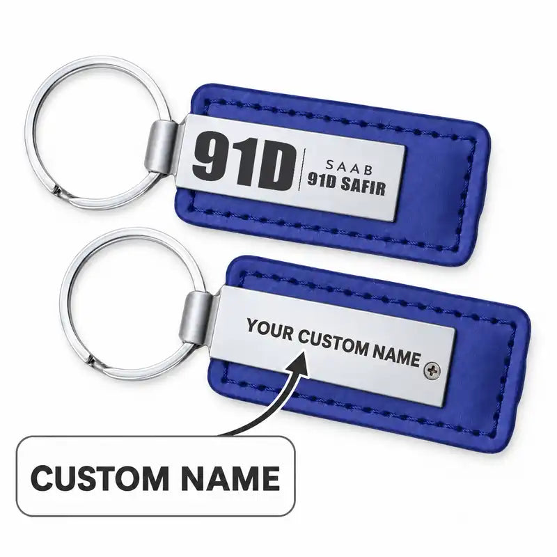 Saab 91D Safir - Leather Key Chain - Faux Leather - Tag - Blue + Name