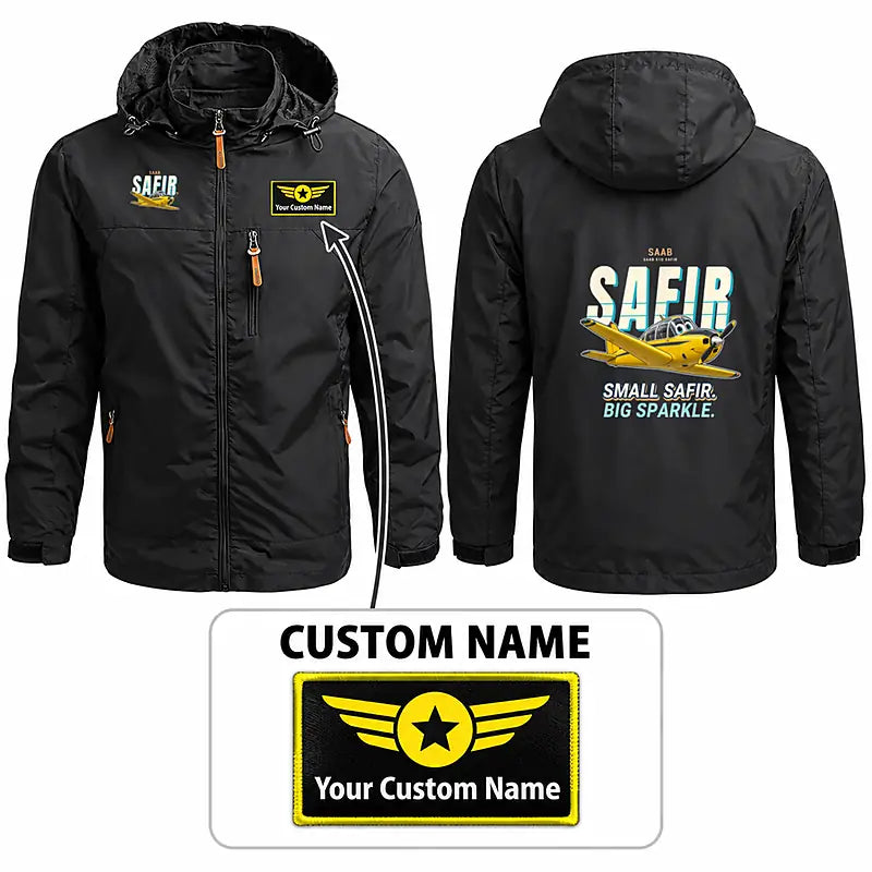 Saab 91D Safir Stylish Jackets - Hooded Windbreaker - Cartoon + Name - Black