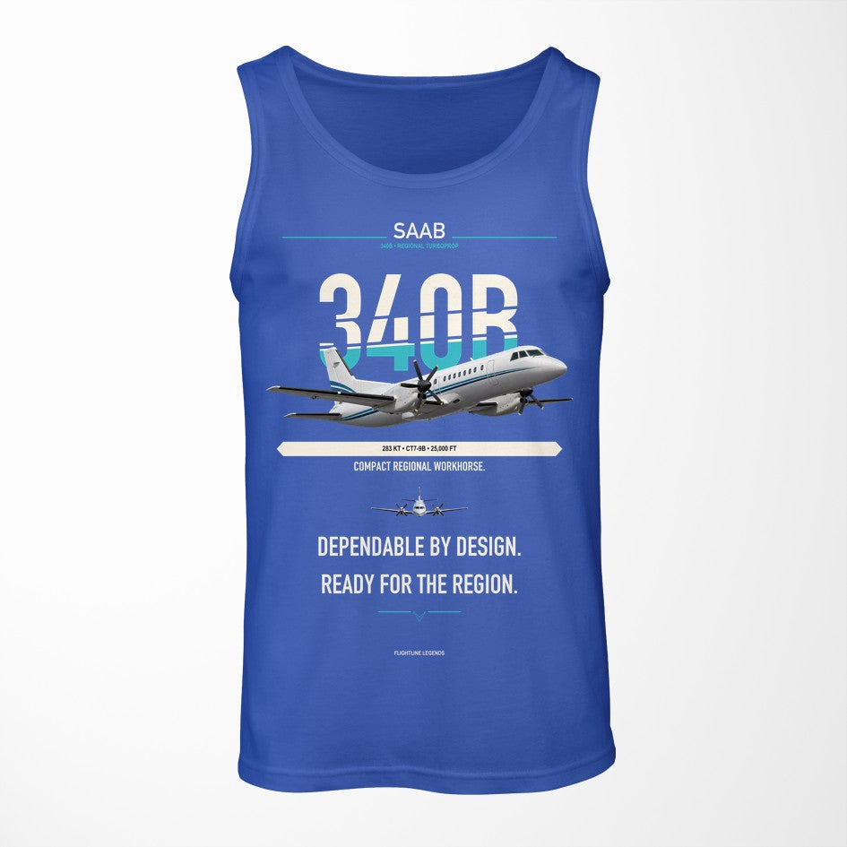 Saab 340B design on blue tank top